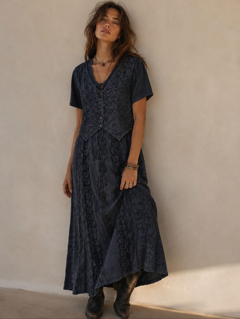 Vintage 90s Embroidered Maxi Dress Size L Navy Blue Boho Cottagecore
